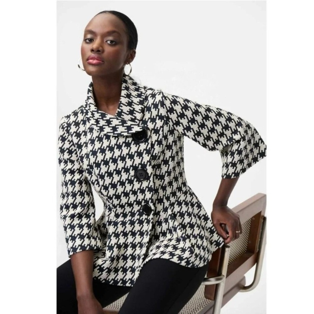 Ali Miles Houndstooth Jacket Asymmetrical Button Peplum Black White XL